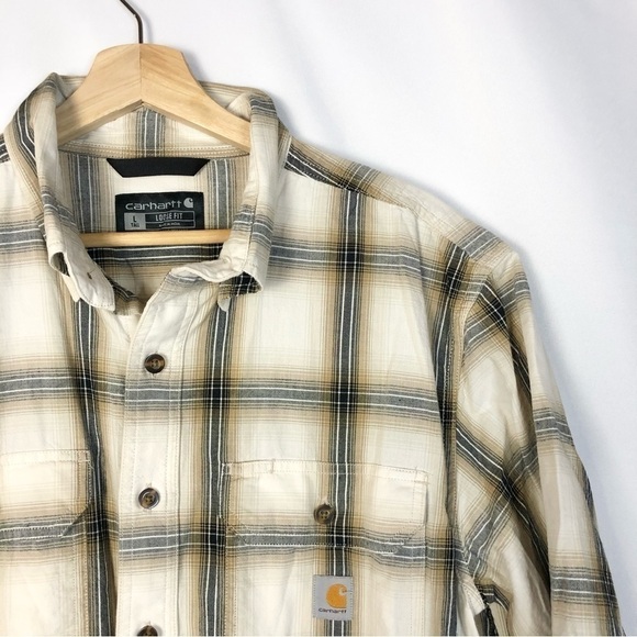 Carhartt Tall White & Beige Plaid Loose Fit Short Sleeve Button Down L - Picture 3 of 3